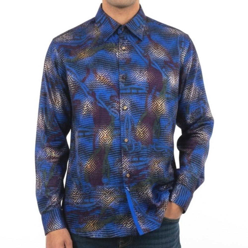 Pronti Collection Mens XXL Shirt Blue Tiger Stripe Equestrian Card Suits Buttons